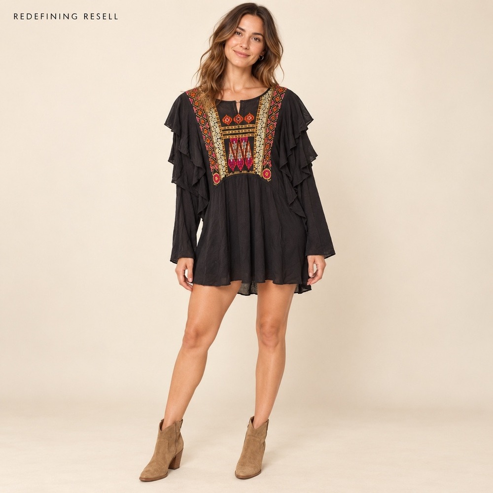 Free People Black Embroidered Ruffle Sleeve Mesh Tunic Top XS OB548394
